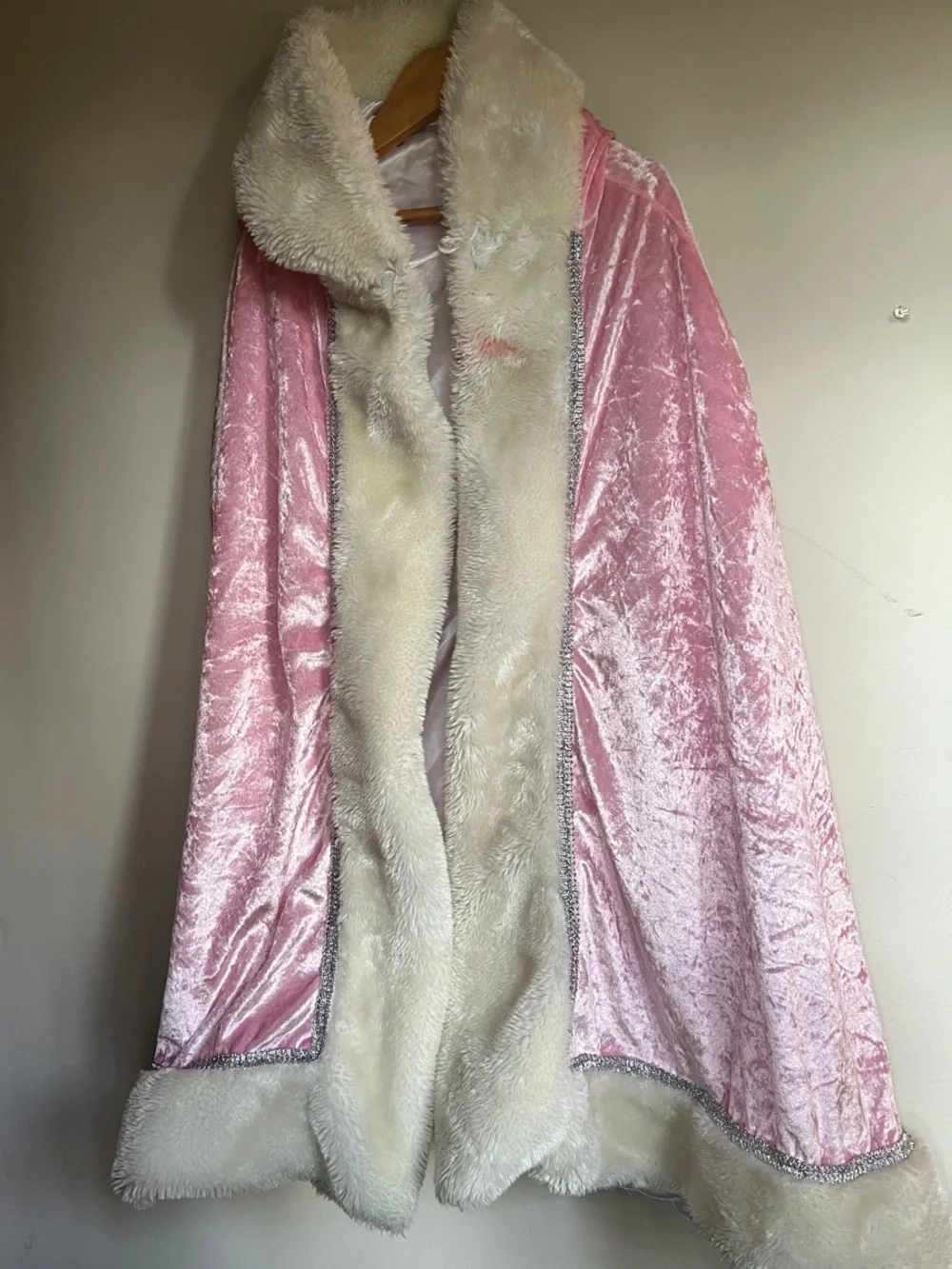 Chasing Fireflies Pink Velvet Cape with Cream Faux Fur Trim